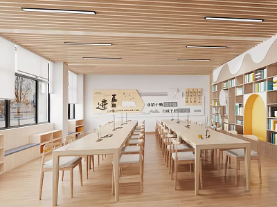 Wooden Bookshelves In Bright Reading Space With Long Tables Chairs Windows And Wall Decor 3d model