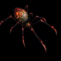 Fantasy Spider Creature Character With Ornate Red Black Patterns And Slender Legs