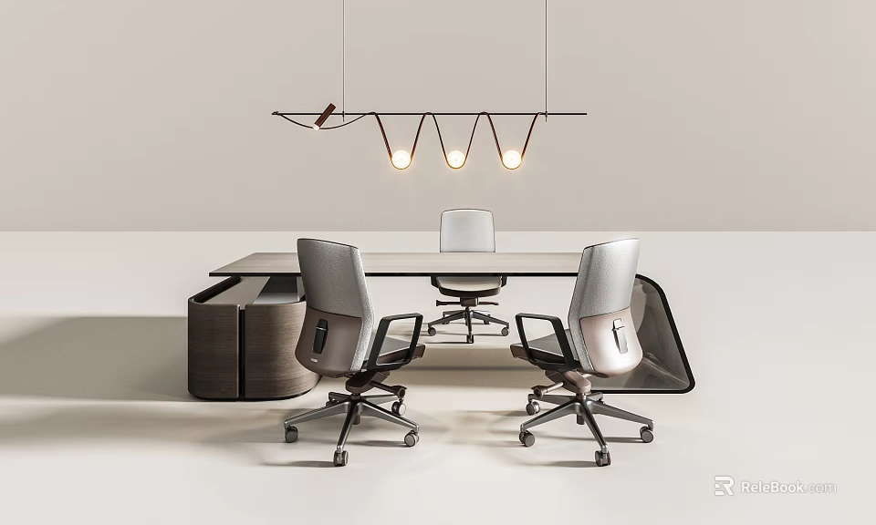 Modern Office Desk Interior Design With Comfortable Chairs And Pendant Lights 3d model 
