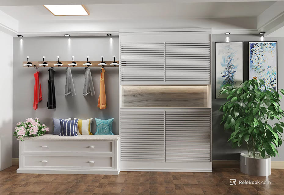 White Slatted Door Wardrobe With Coat Rack Bench Pillows Plant And Decorative Paintings 3d model 