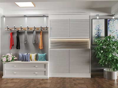 White Slatted Door Wardrobe With Coat Rack Bench Pillows Plant And Decorative Paintings 3d model