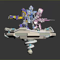 Robot Sculptures With Blue Pink Details Holding Weapons On Hexagonal Display Stand