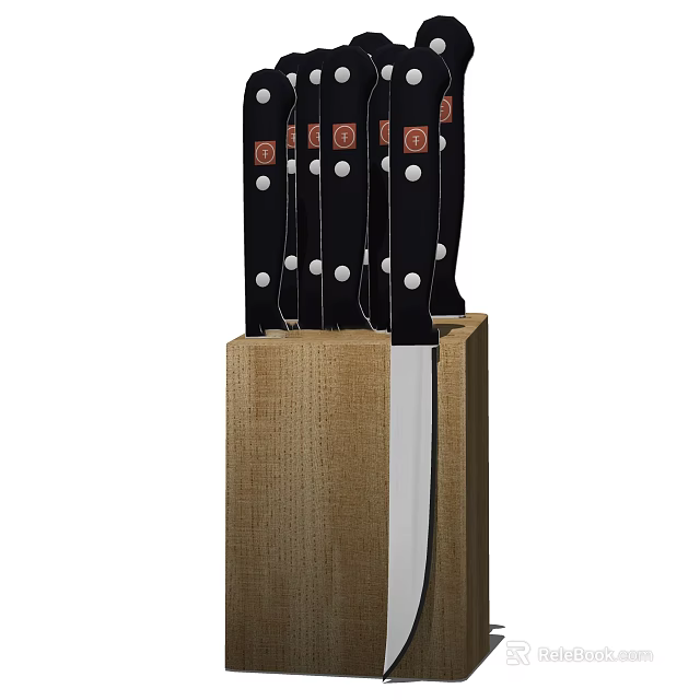 Kitchen Knives Set with Wooden Block Black Handles White Dots Stainless Steel Blades 3d model 