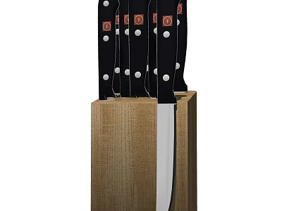 Kitchen Knives Set with Wooden Block Black Handles White Dots Stainless Steel Blades 3d model