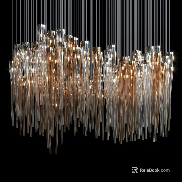 Modern Artistic Chandelier With Glass Pendant Strands And Gold Accents Illuminated 3d model 