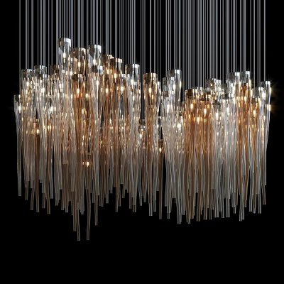 Modern Artistic Chandelier With Glass Pendant Strands And Gold Accents Illuminated 3d model