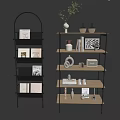 Modern Bookshelf With Wooden Shelves Metal Frame Books Photo Frames And Decorative Vases
