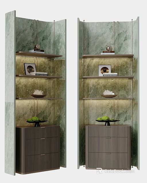 Modern Display Cabinet with Green Marble Backdrop Illuminated Shelves Decorative Fruit Bowl Photo Frame and Books 3d model 