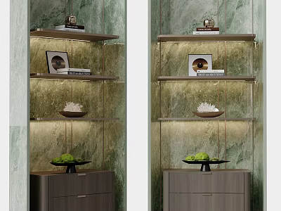 Modern Display Cabinet with Green Marble Backdrop Illuminated Shelves Decorative Fruit Bowl Photo Frame and Books 3d model