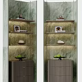 Modern Display Cabinet with Green Marble Backdrop Illuminated Shelves Decorative Fruit Bowl Photo Frame and Books