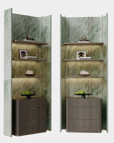 Modern Display Cabinet with Green Marble Backdrop Illuminated Shelves Decorative Fruit Bowl Photo Frame and Books 3d model
