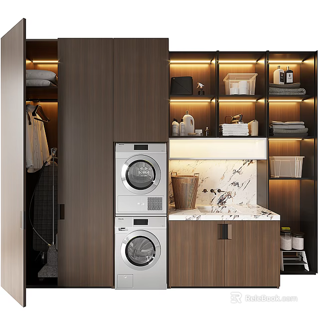 Modern Bathroom Vanity Cabinet with Marble Countertop Storage Shelves and Lighting 3d model 