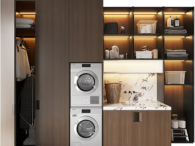 Modern Bathroom Vanity Cabinet with Marble Countertop Storage Shelves and Lighting 3d model