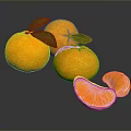 Fresh Whole Oranges With Green Leaves And Peeled Segments On Black Reflective Surface