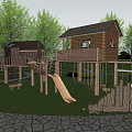 Wooden Kids Play Area With Cabin Slide Stairs On Green Grass Surrounded By Trees