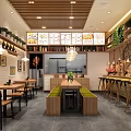 Modern Restaurant Interior Featuring Wooden Decor Glass Doors Dining Tables Chairs And Menu Boards