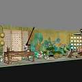 Chinese Style Photo Check-in Spot With Traditional Screen Green Plants Lanterns And Landscape Background