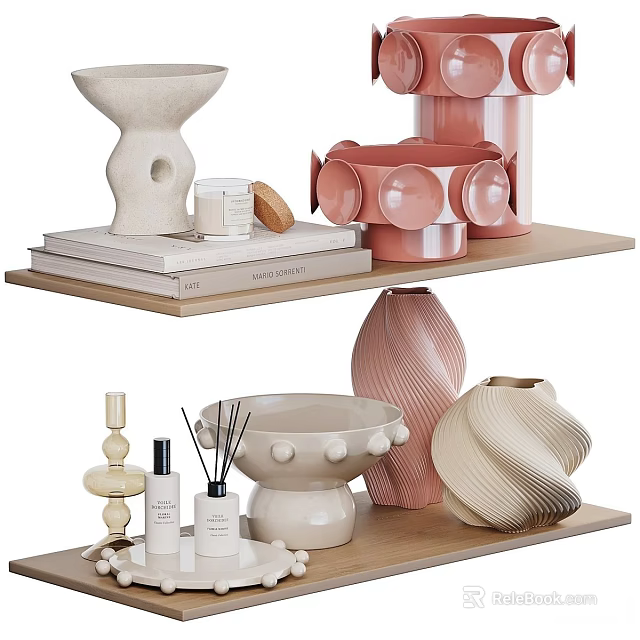 Stylish Decorative Ornament Set With White Pink Ceramic Vases Bowls Scented Bottles On Wooden Shelves 3d model 