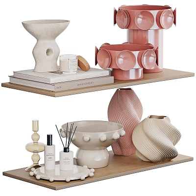 Stylish Decorative Ornament Set With White Pink Ceramic Vases Bowls Scented Bottles On Wooden Shelves 3d model