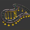 Curved Toy Race Track Model With Yellow Pillars Black Road Surface And Blue Car