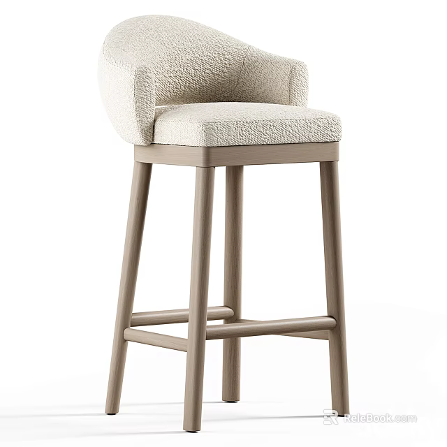 Minimalist Upholstered Bar Stool With Light Colored Fabric Padded Seat And Wooden Legs 3d model 