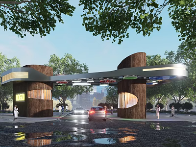 Modern Entrance Gate With Wooden Pillars Curved Canopy Surrounded By Trees 3d model