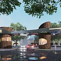Modern Entrance Gate With Wooden Pillars Curved Canopy Surrounded By Trees