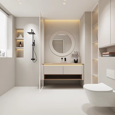 Modern Bathroom Interior Design With Round Mirror Vanity Shower And Storage Cabinets 3d model