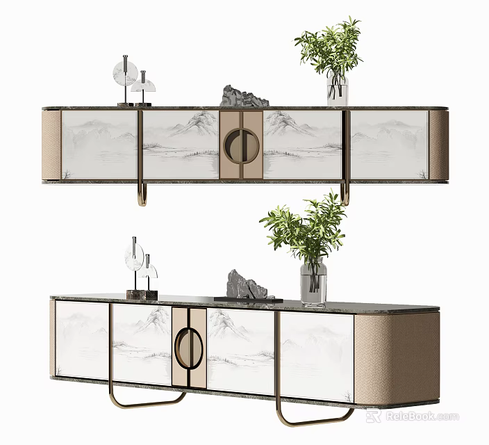 Modern TV Stand With Marble Pattern Green Plants And Decorative Ornaments 3d model 