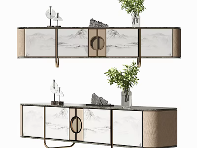Modern TV Stand With Marble Pattern Green Plants And Decorative Ornaments 3d model