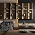 Modern Tea Room Interior Design With Wooden Shelves Stone Table And Floor Cushions