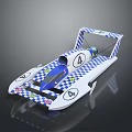 Blue And White Checkered Streamlined Race Car Model With Logos And Number Details