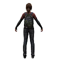A Woman Wearing Red T-shirt Blue Jeans and Backpack with Long Sleeves and Shoes