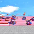 Floral Installation With Pink Stairs Arch Decoration And Colorful Flowers Under Blue Sky