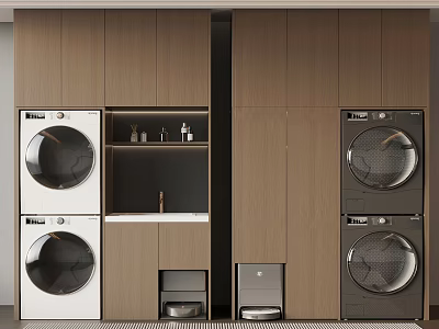 Modern Laundry Room With Stacked Washing Machines Dryers And Wooden Cabinets 3d model