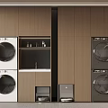 Modern Laundry Room With Stacked Washing Machines Dryers And Wooden Cabinets