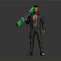 Male Character Bare Chest Black Leather Jacket Holding Large Weapon With Green Blue Accents