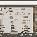 Indoor Cat Activity Space With Multi Level Wooden Play Structures And Wall Mounted Shelves 3d model