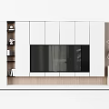 Modern White TV Cabinet With Wooden Panels And Decorative Storage Compartments