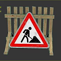 Road Work Warning Sign Featuring Shoveling Man Symbol And Wooden Barrier