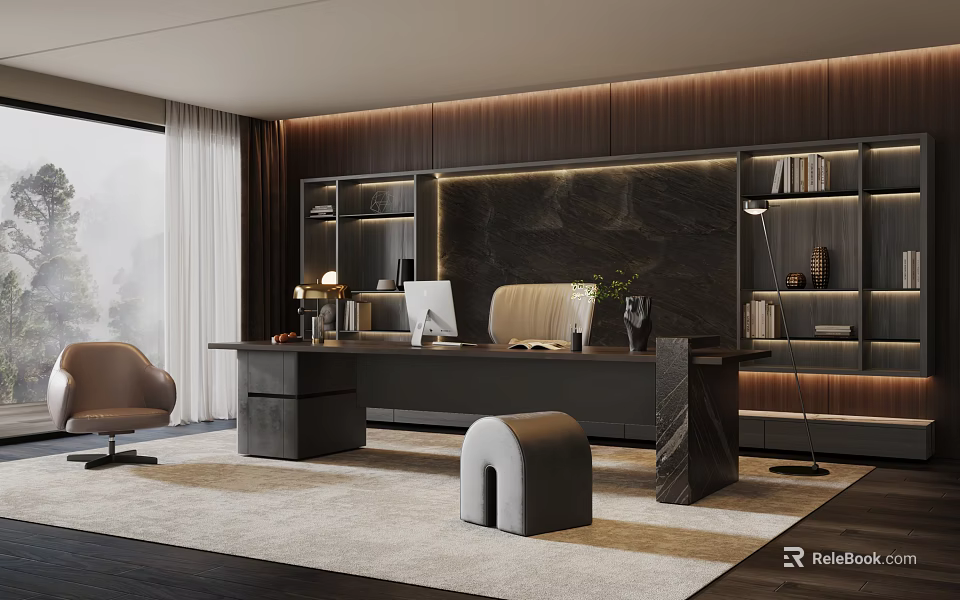 Modern Office Interior With Wooden Wall Marble Backdrop Desk Bookshelves And Floor to Ceiling Windows 3d model 