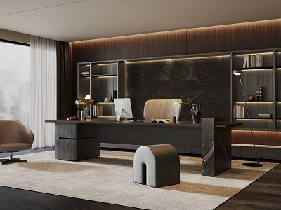 Modern Office Interior With Wooden Wall Marble Backdrop Desk Bookshelves And Floor to Ceiling Windows 3d model