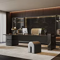 Modern Office Interior With Wooden Wall Marble Backdrop Desk Bookshelves And Floor to Ceiling Windows