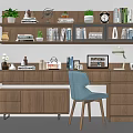 Nordic Desk Chair Solid Wood Computer Table Ornaments Combination Bookshelf Computer Desk 3d model