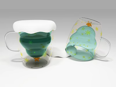 Festive Decorative Mugs with Green Blue Design Transparent Body White Top Stars Snowflakes Patterns 3d model