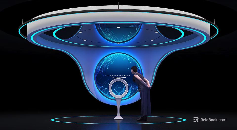 Tech Galaxy Exhibition Hall With Blue Circular Screen And Interactive Installation 3d model