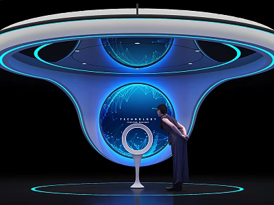 Tech Galaxy Exhibition Hall With Blue Circular Screen And Interactive Installation 3d model