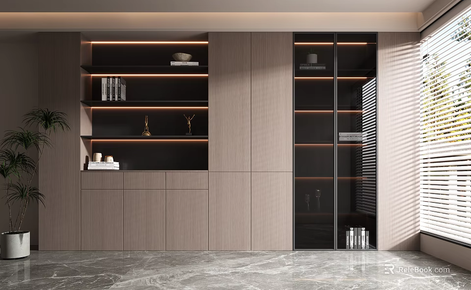 Modern Display Cabinet with Glass Doors Wooden Shelves Books Decorative Items and Marble Floor 3d model 