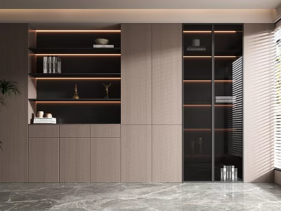 Modern Display Cabinet with Glass Doors Wooden Shelves Books Decorative Items and Marble Floor 3d model