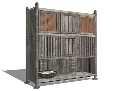 Rustic Wooden Entryway Side Cabinet with Grid Doors and Lower Shelf Basket 3d model